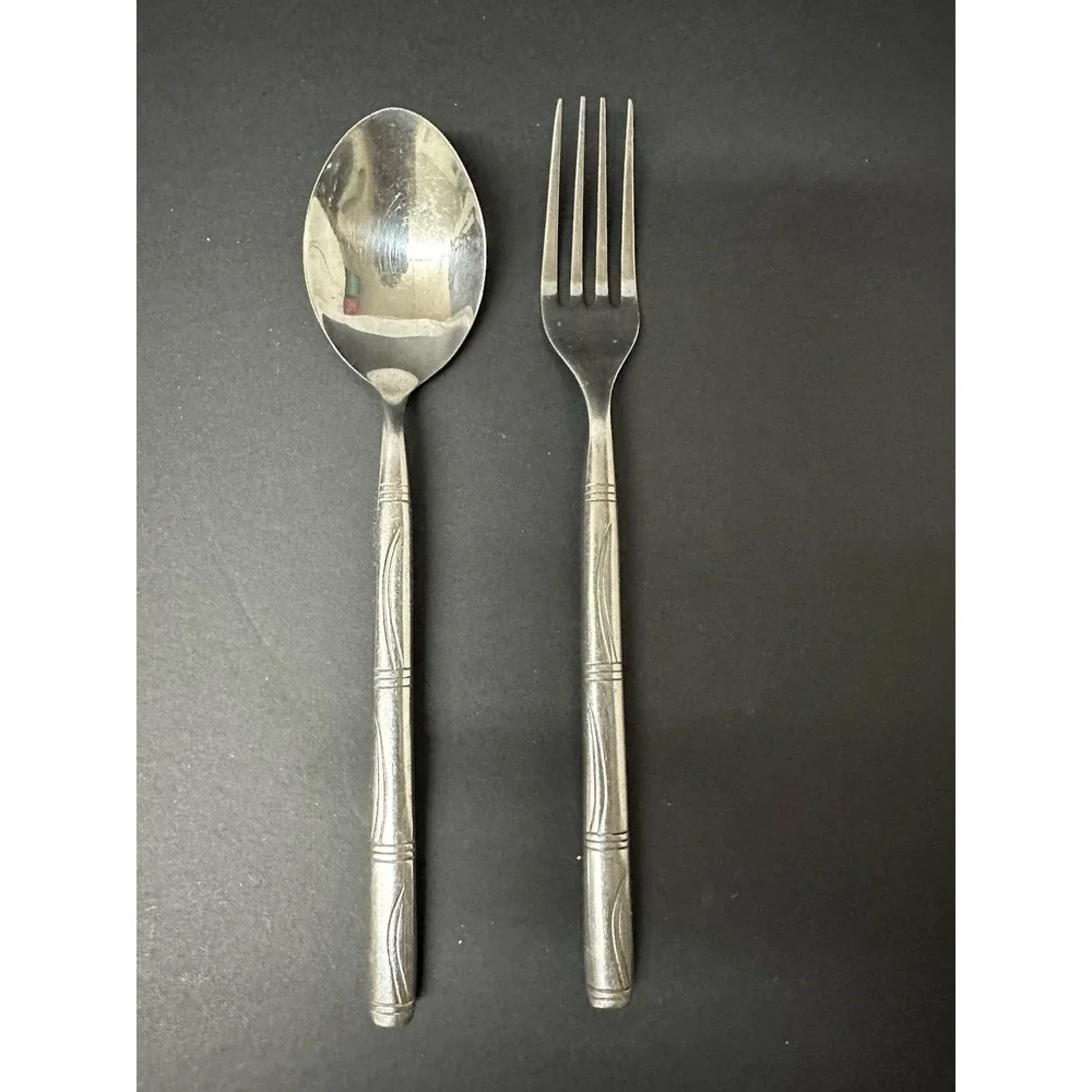 Stainless Soup Spoon & Dinner Fork Set Horizontal Bands Wavy Lines Bamboo-Like